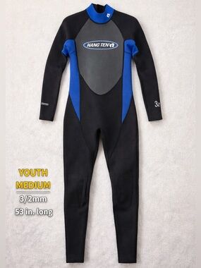 Hang Ten Youth Medium Wetsuit 3/2mm Full Black Blue Neoprene Surf Swim Suit 53”